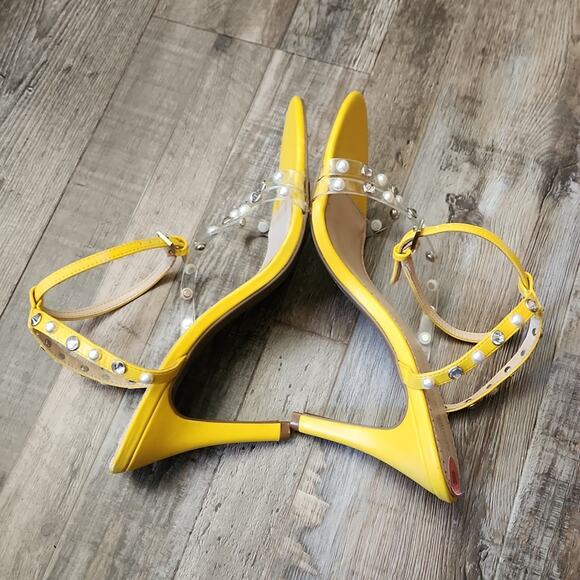 Adrienne Vittadini Yellow High Heel Sandals Studded Faux Pearl & Rhinestones 10 - Picture 4 of 9